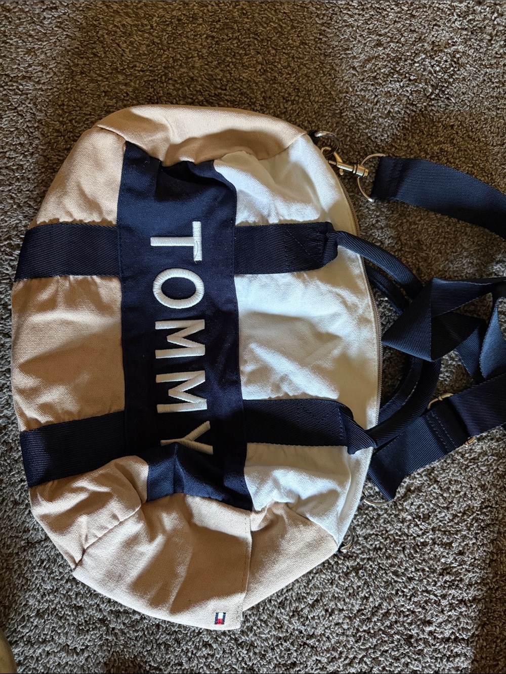 Tommy Hilfiger Beige and Navy Logo Duffel Crossbody